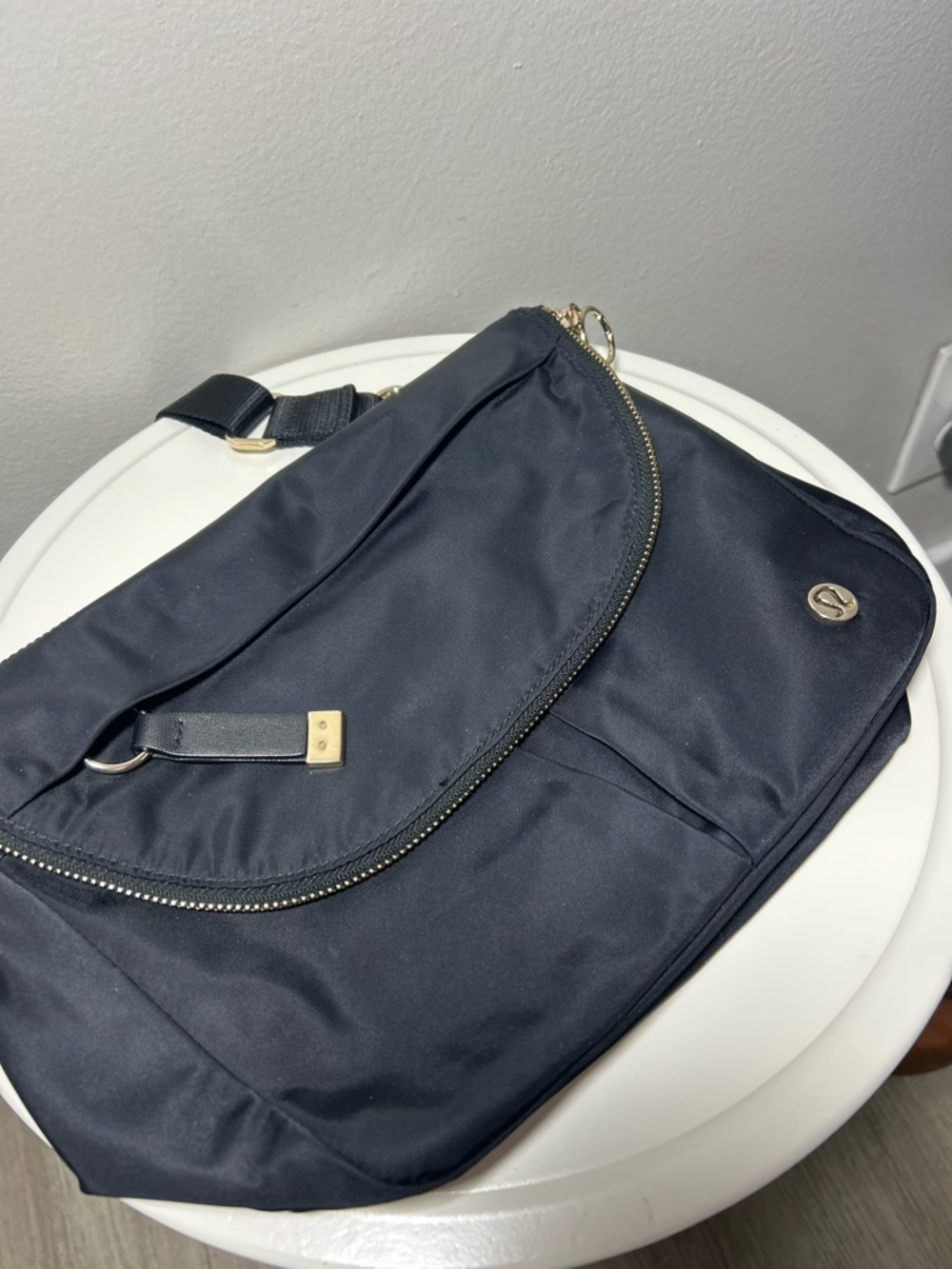 lululemon athletica Black Nylon Messenger Sling with Gold Hardware